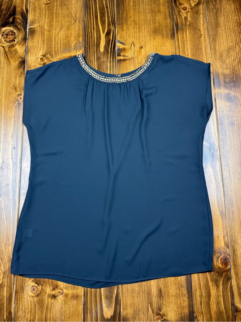 LOFT Navy Beaded-Neckline Cap Sleeve Blouse